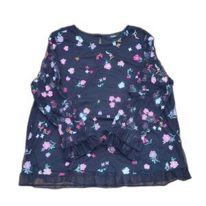 Du Jour Long Sleeve Black Blouse with Embroidered Floral Pattern Size 2XL